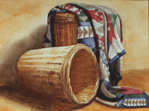 Baskets and Blanket, watercolor painting