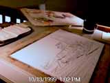 Pen and ink line drawing.